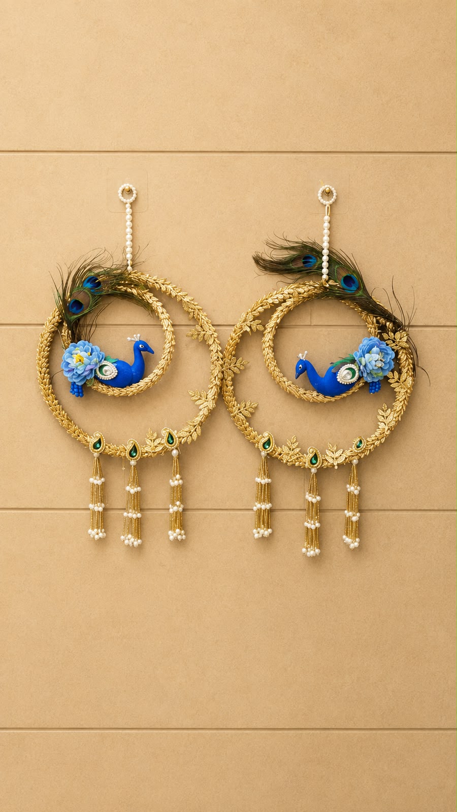 Gold ring wall hanging pair with peacock and tassels